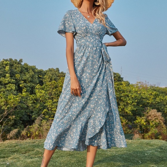 Boho Floral Print Belted V neck Ruffle Midi Dress - Picture 7 of 11